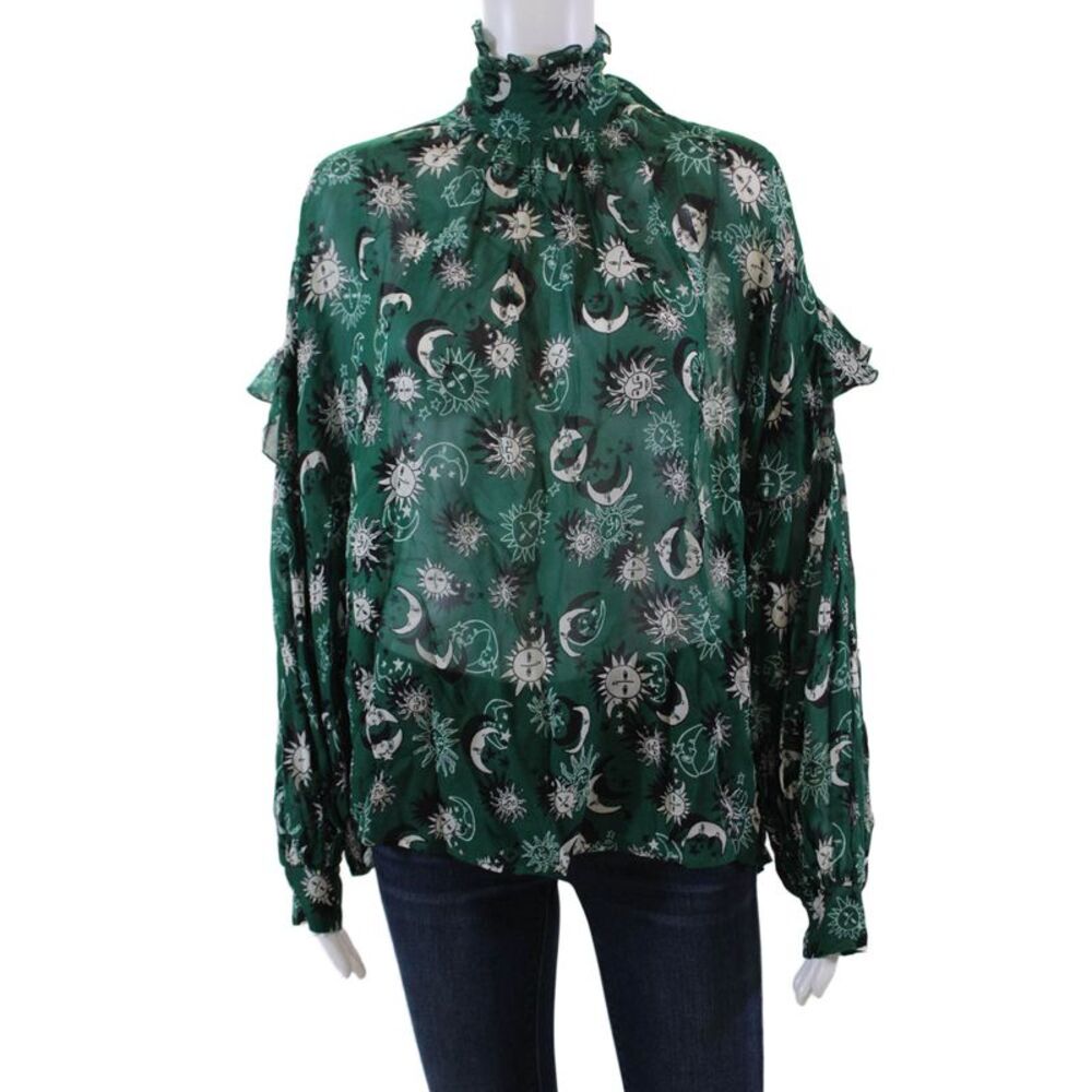 Ottod Ame Womens Sheer Sun And Moon Print Tie Neck Detail Blouse Green Size 6